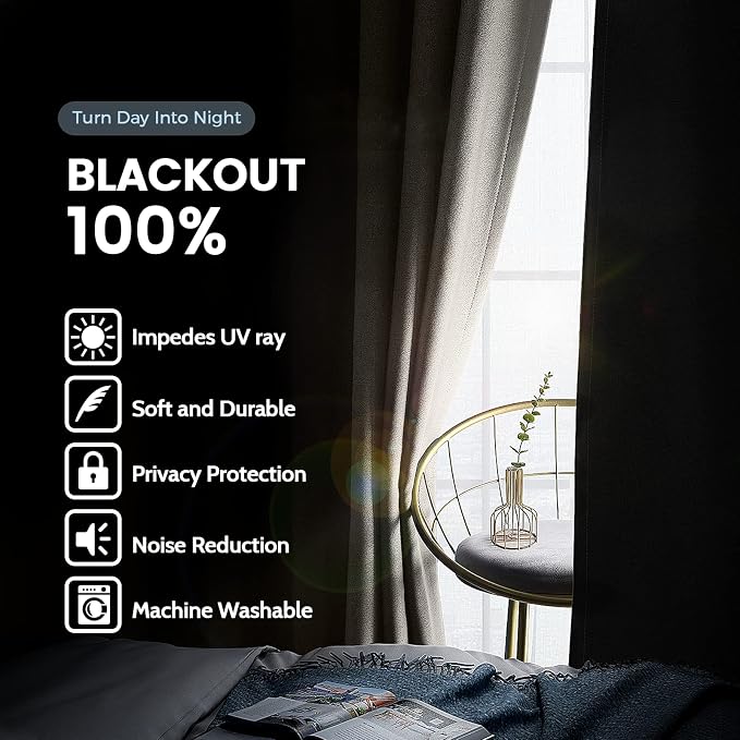SimpleHome Natural 100% Blackout Curtains Room Darkening Living Room 96L | - Image 3
