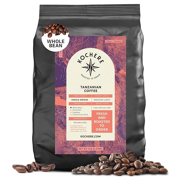 Tanzanian Peaberry Coffee Beans - Single Origin Medium Light Roast, Roasted To Order Whole Bean Coffee Specialty Grade, Fair Trade and Non-GMO, Floral and Fruity Notes - 5LB
