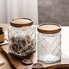 Snminetal Vintage Glass Airtight Storage Jar Set of 4, With Airtight Wood Lid, Kitchen Food Storage Containers,for Kitchen Counter, Pantry, Tea, Sugar,Coffee,Food Storage Jar(Plum pattern)