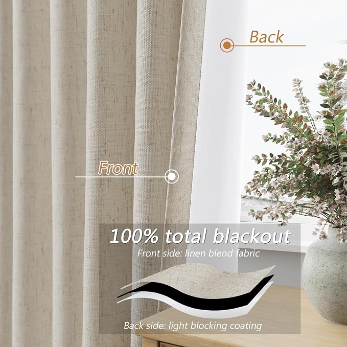 100% Blackout Linen Curtains for Bedroom 96 inches Long, Thermal Insulated Room - Image 4