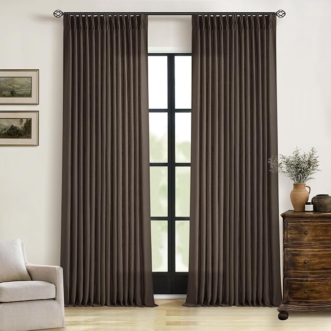 Dark Chocolate 108 Inch Pinch Pleated Semi Sheer Linen Curtains 2 Panels | by Twodrapes