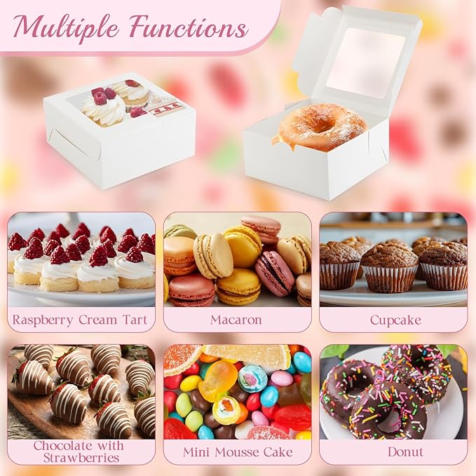 OAMCEG 30 Pack Cookie Boxes with Window 6x6x3 Inches White Bakery Treat Boxes with Stickers & Twine for Pastry, Desserts, Strawberries, Cupcakes, Gift Giving