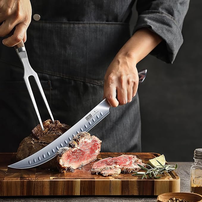 Carving Slicing Knife, 10 Inch Japanese High Carbon Steel Brisket Knife with Ergonomic Pakkawood Handle, Razor Sharp Curved Butcher Breaking Knives for Meat Cutting