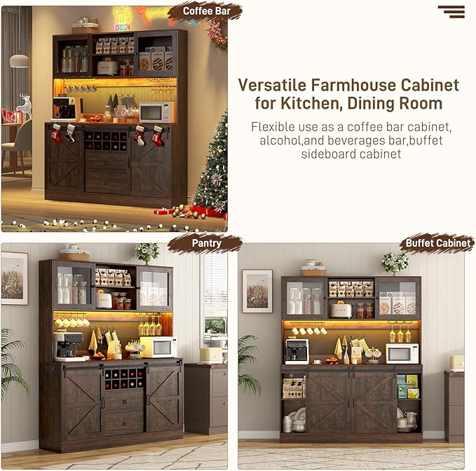 74" Tall 63" Wide Large Coffee Bar Cabinet w/Outlet,6000-color LED Light,Pegboard,Farmhouse Hutch Cabinet w/Barn Door,2 Big Drawers,Adjustable Shelves,10 Wine & Glasses Rack,5 Hook for Kitchen,Brown