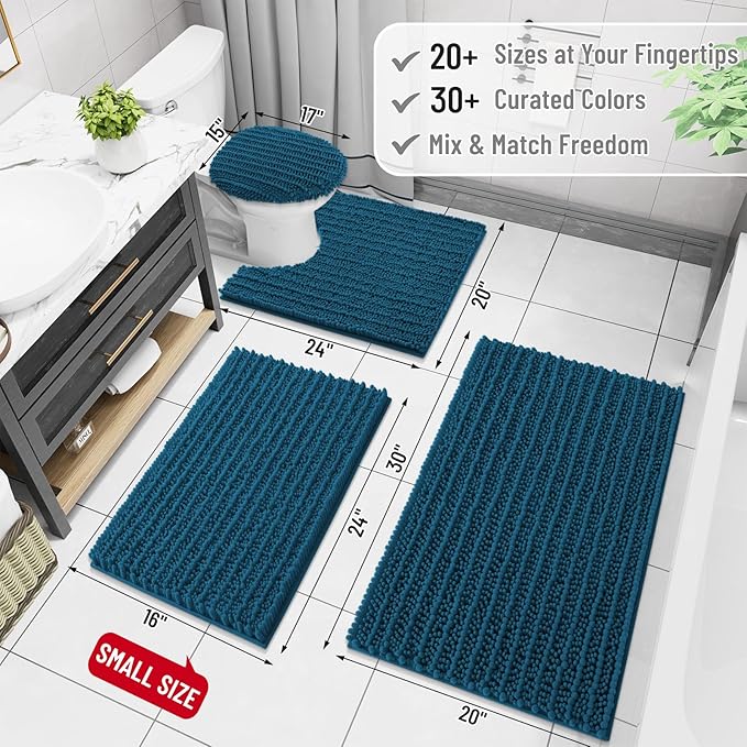 Arotive Luxury Chenille Bathroom Rug Mat, Extra Soft Thick Absorbent Shaggy Bath Rugs, Non-Slip Machine Wash Dry, Plush Bath Mats for Bathroom, Shower and Tub, 60x24, Peacock Blue