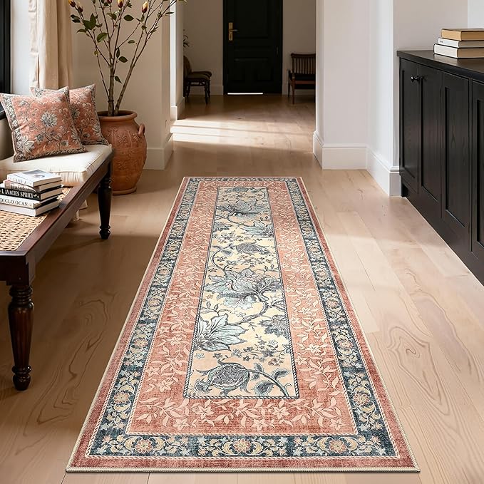 GarveeHome Terracotta Teal Washable 5x7 Area Rugs, Botanical Grove Vintage - Image 4