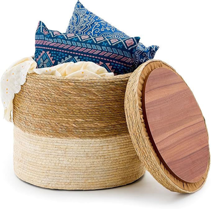 Wimarsbon Round Pouf Ottomans, Handwoven Natural Water Hyacinth Seagrass Pouffe by Wimarsbon