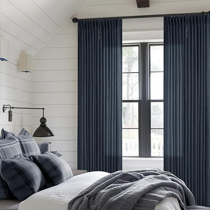 Navy Blue Linen Pinch Pleated Curtains 108 Inches Long 2 Panels | Light by Twodrapes