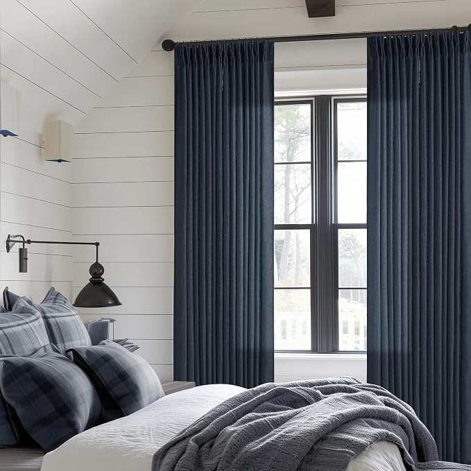Navy Blue Linen Pinch Pleated Curtains 96 Inches Long 2 Panels | Semi Sheer - Image 6