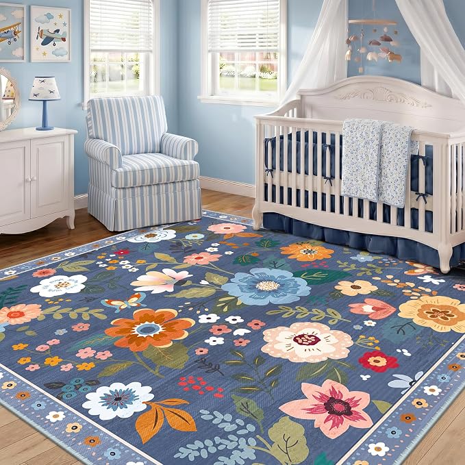 RELEANY Floral Washable Square 5ft Area Rug Blue/Grey | Flower Carpet Print - Image 9