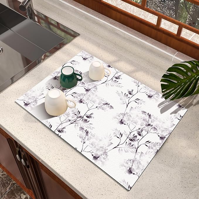 Dish Drying Mat Diatomaceous Earth Soft Coffee Mat, Silicone Dish Drying Mat for Kitchen Counter or Sink for Kitchen Bathroom Coffee Bar (Inked Flower, 16 x 24 Inches)