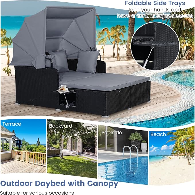 COSTWAY Outdoor Daybed with Retractable Canopy, Wicker Patio Furniture Set with - Image 4