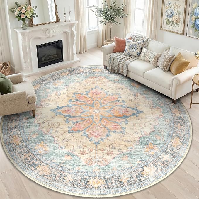 RELEANY Washable Area Rug, Round 6ft, Water Repellent, Pet Friendly, Vintage by RELEANY