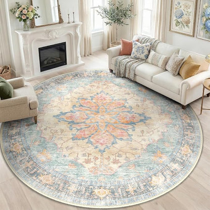 RELEANY Washable Area Rug, Round 6ft, Water Repellent, Pet Friendly, Vintage by RELEANY