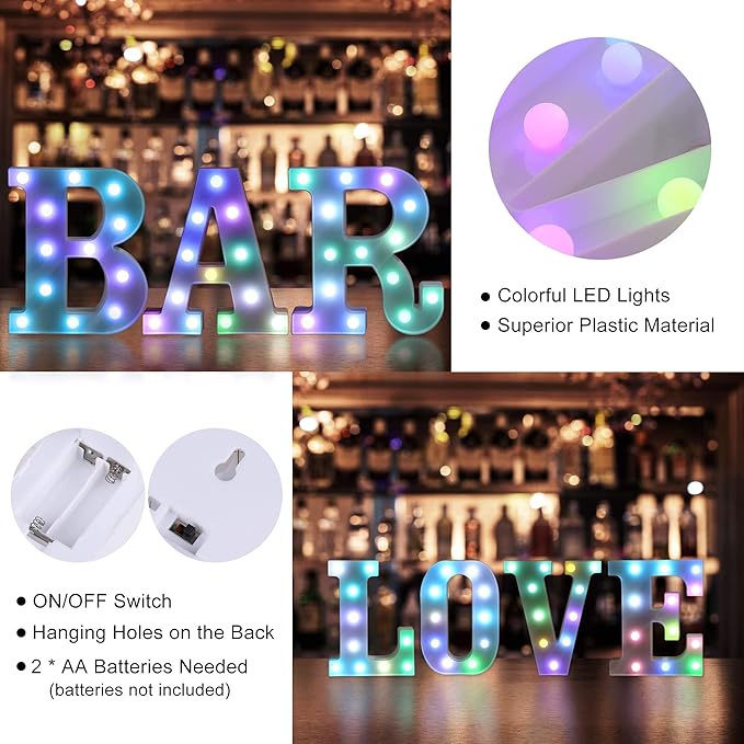 Foaky Colorful LED Letter Lights with Remote,Marquee Light Up Letters Sign for Night Light Wedding/Birthday Party Battery Powered Christmas Lamp Home Bar Decoration(O)