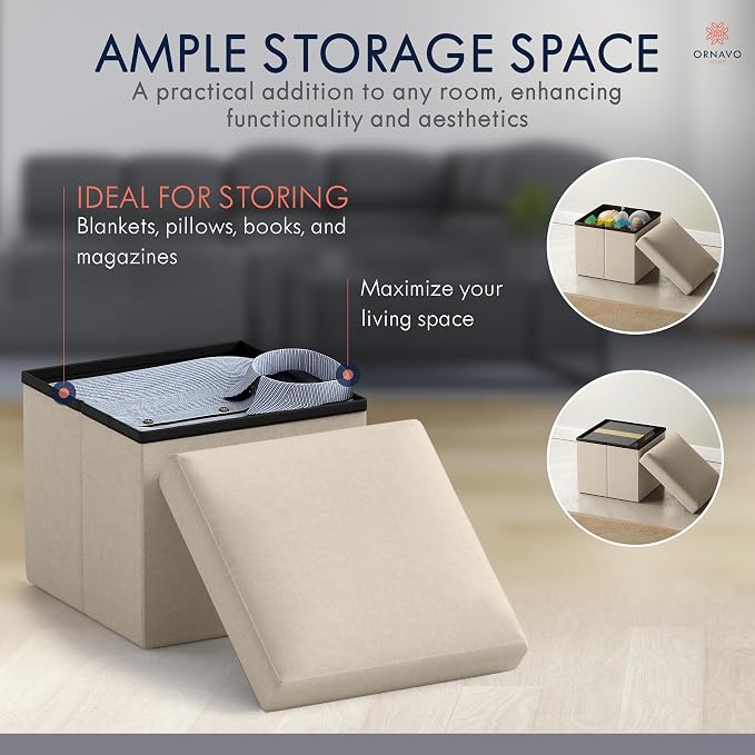 Ornavo Home Small Storage Ottoman Foldable Collapsible Cube Square Linen - Image 3