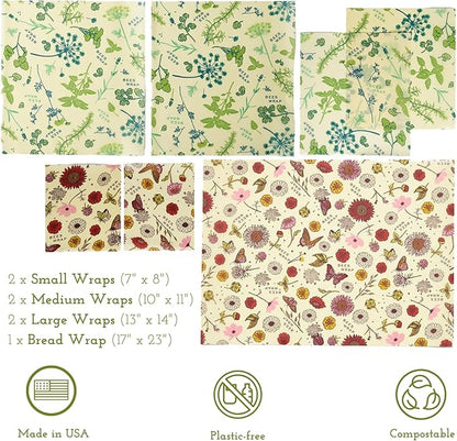Bee's Wrap Beeswax Wraps for Food - Made in USA Reusable & Organic Food Wraps & Bowl Covers - Eco-Friendly Alternative to Aluminum Foil & Plastic Wrap, Assorted 7 Pack Vegan (2S, 2M, 2L, & 1 Bread)