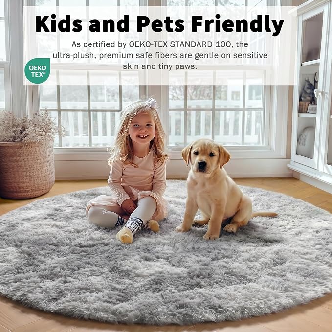 Tie-Dyed Light Grey Round Area Rug 4ft, Ultra Soft Bedroom Circle Rugs - Image 4