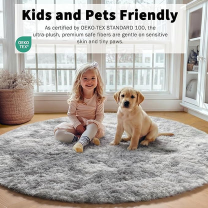 Tie-Dyed Light Grey Round Area Rug 4ft, Ultra Soft Bedroom Circle Rugs - Image 4