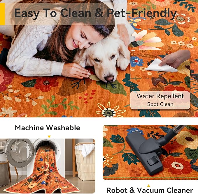 RELEANY Floral Washable 5x7 Area Rugs BurntOrange | Flower Carpet Print Boho - Image 5