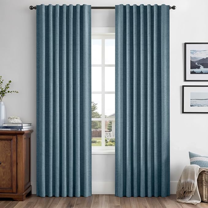 MIULEE 100% Blackout Linen Curtains 42 x 72 Inch Stone Blue 2 Panels | Thermal by MIULEE