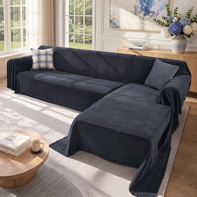 2 Pieces Sectional Couch Covers L Shaped Cover XXL Navy Blue | Thick Washable by Unknown