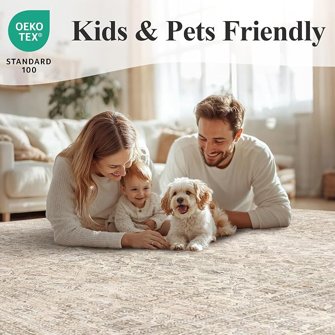 Schweek 10x14 Washable Large Area Rug Beige Neutral Vintage Distressed Rugs | - Image 8