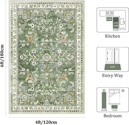 Yamaziot 4x6 Washable Area Rug for Bedroom Floral Carpet Sage Green | Non Slip - Image 2