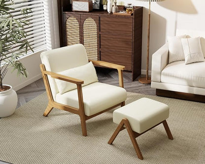 Modern Accent Chair and Ottoman Set, Mid-Century Faux Leather Upholstered - Image 3