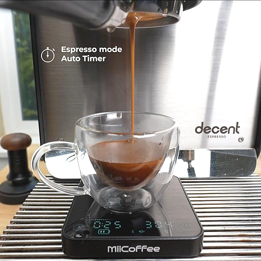 Minipress Coffee Scale, Auto Timer for Espresso and Pour-Over Coffee, Aluminum Body & Glass Top