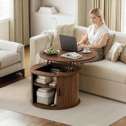 FABATO Round Lift Top Coffee Table, Fluted Wood Accent Coffee Table - Image 6