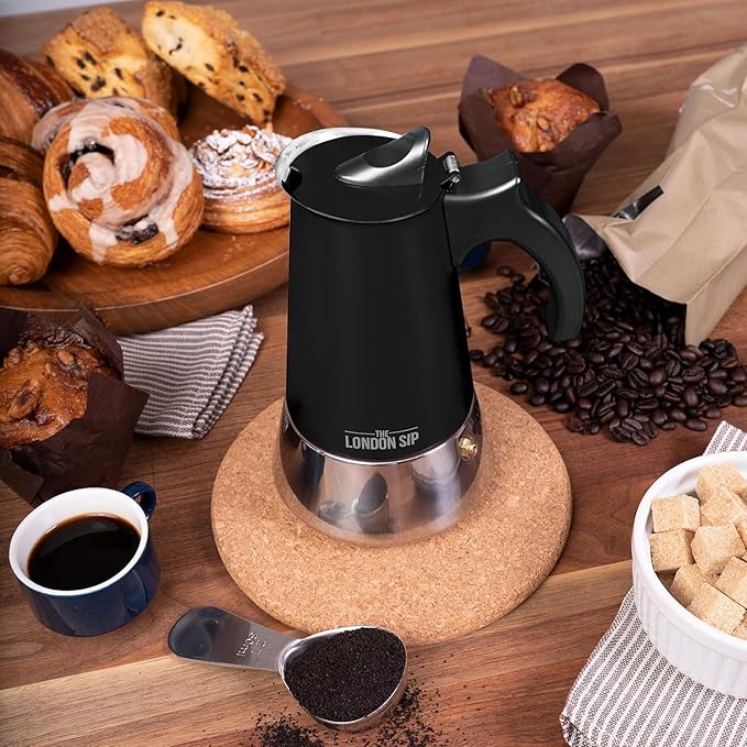 London Sip Stainless Steel Stovetop Espresso Maker Moka Pot Italian Coffee Percolator, Matte Black, Medium (10.14 oz)