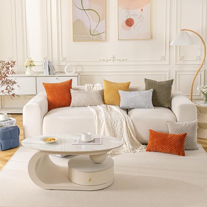 Set of 4 Yellow Rust Aqua Decorative Throw Pillow Covers 12x20 Inch Corduroy - Image 8
