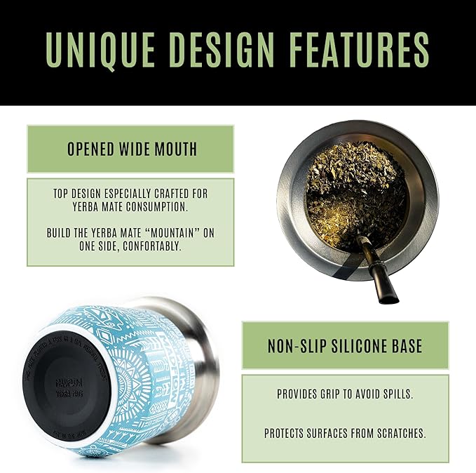 MADFLOW Yerba Mate Cup. Stainless Steel Mate Cup with 2 Bombillas. Double Wall Vacuum Insulated Yerba Mate Gourd. Unique Mate Cup And Bombilla Set
