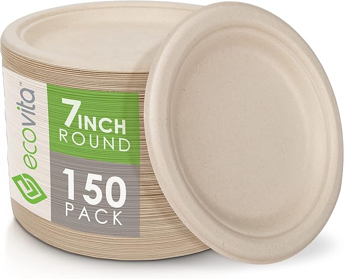 Ecovita 100% Compostable Paper Plates [7 in.] – 150 Disposable Plates Eco Friendly Sturdy Tree Free Liquid and Heat Resistant Alternative to Plastic or Paper Plates
