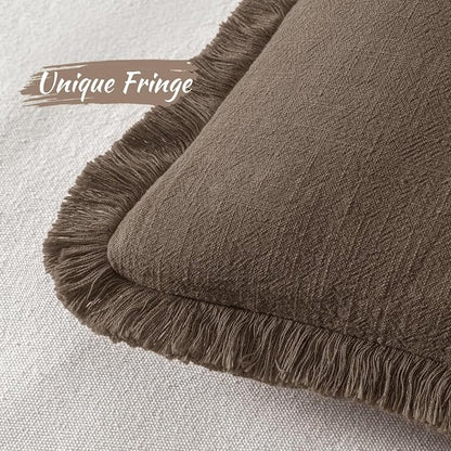 MIULEE Linen Fringe Decorative Fall Pillow Covers Chocolate Brown 18x18 | Set - Image 3