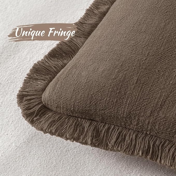 MIULEE Linen Fringe Decorative Euro Pillow Covers Chocolate Brown 24x24 | Set - Image 3