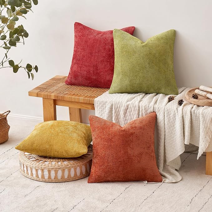 MIULEE Soft Decorative Chenille Fall Pillow Covers Rust Yellow Green 20x20 | - Image 5