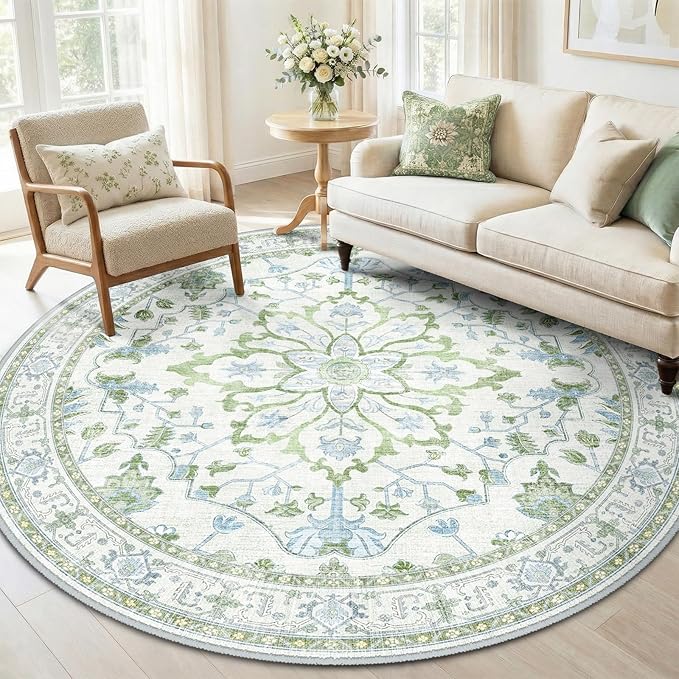 RELEANY Washable Area Rug, Round 6ft, Water Repellent, Pet Friendly, Vintage by RELEANY