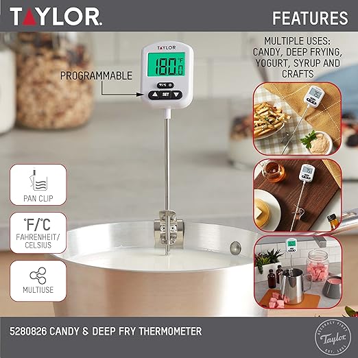 Taylor Programmable Digital Candy and Deep Fry Thermometer with Green Light Alert Display, Long Stem, and Adjustable Pan Clip, White