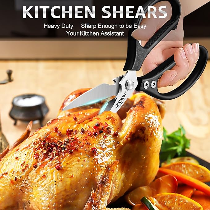 ONEBOM Kitchen Scissors 2 Pack, Heavy Duty All Purpose Shears for Cutting Meat, Fish, Poultry, Dishwasher Safe, Stainless Steel with Blade Kitchen Salad Scissors (Black)