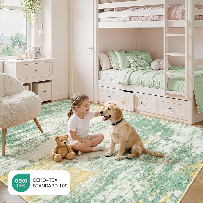 5x7 Area Rug for Living Room, Abstract Washable Non-Slip Rugs, Light Green | - Image 5