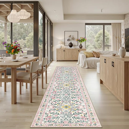 PLHXFR 3x10 Washable Runner Rug：Floral Indoor Kitchen Carpet Pink Green | - Image 4