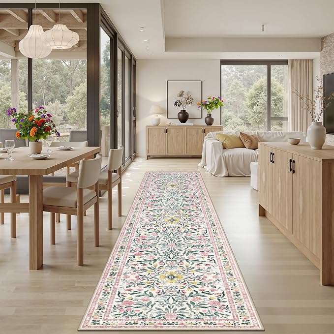 PLHXFR 2x5 Washable Runner Rug：Floral Indoor Kitchen Carpet Pink Green | - Image 4