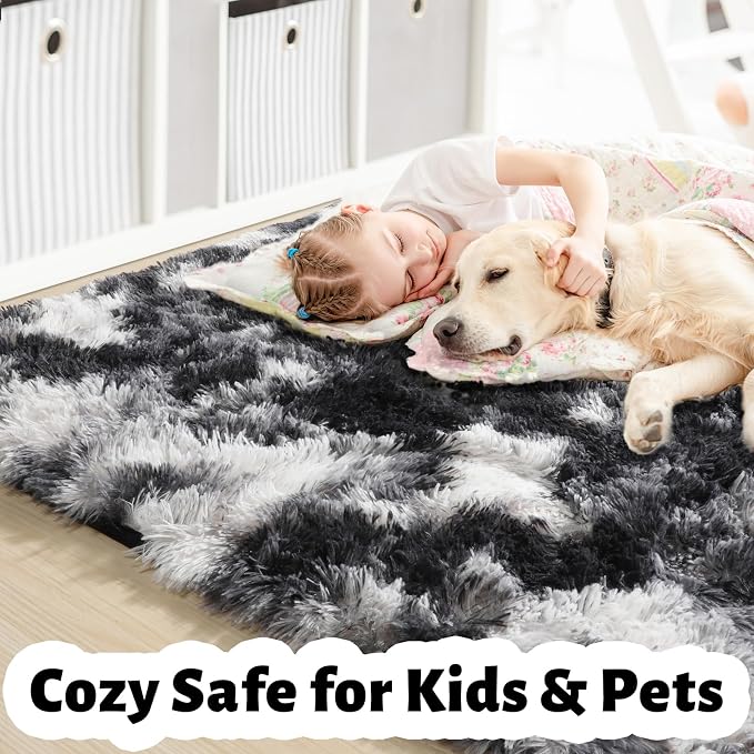 Amdrebio Black White Grey Large Fluffy Rug 6x9 - Image 7