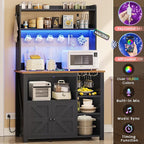 Itaar 35.4 inch Coffee Bar Cabinet, Bakers Rack with Power Outlet and Storage, Farmhouse Microwave Stand Kitchen Cabinet with Hutch, LED Lights, Wine Glass Holder and 8 Hooks, Black
