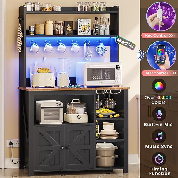 Itaar 35.4 inch Coffee Bar Cabinet, Bakers Rack with Power Outlet and Storage, Farmhouse Microwave Stand Kitchen Cabinet with Hutch, LED Lights, Wine Glass Holder and 8 Hooks, Black