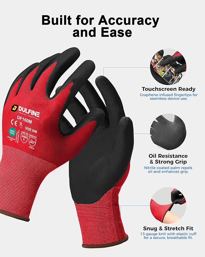 Safety Work Gloves MicroFoam Nitrile Coated-12 Pairs Pack,Red Seamless Knit Nylon Glove with Black Micro-Foam Nitrile Grip,Ideal for General Purpose,Automotive,Home Improvement,Painting(Small)