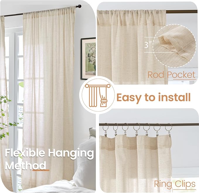 BGment 40 Inch Length Burlap Tan Linen Curtains - Image 6