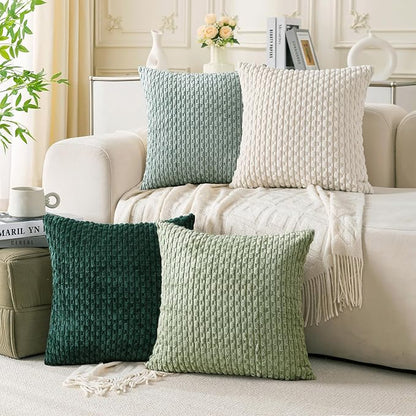 Set of 4 Sage Forest Green Decorative Throw Pillow Covers 20x20 Inch Corduroy by Cozoomy